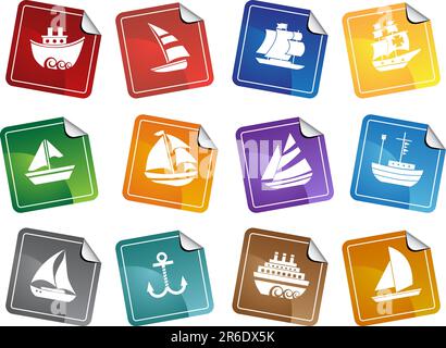 Set of 12 Nautical web buttons - sticker style. Stock Vector