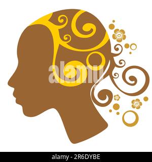 Ornate female head with gentle curls isolated on a white background. Stock Vector