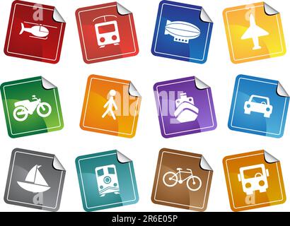 Set of 12 transportation web buttons - sticker style. Stock Vector