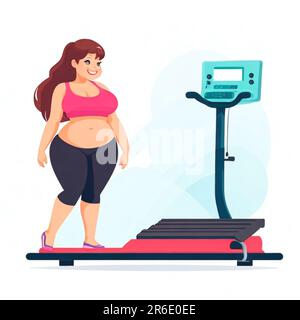 Fat woman fatness to loss weight, overweight cartoon style at gym Stock Photo