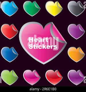 Collection of brightly colored, glossy heart shaped stickers set. You can   add your own text on stickers. Stock Vector