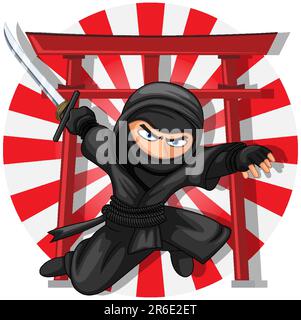 Ninja Jumping and Brandishing Sword illustration Stock Vector