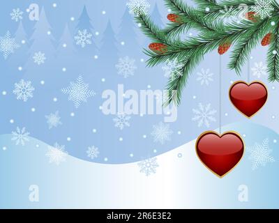 Winter background with a fir tree and a glossy hearts. Stock Vector