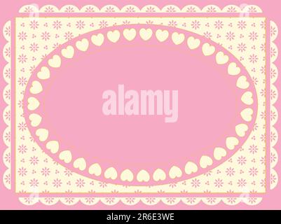 Oval vector frame of hearts on a Victorian eyelet background in shades of pink, gold and ecru. Stock Vector