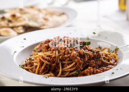 Traditional Italian spaghetti bolognese served in a plate. Stock Photo