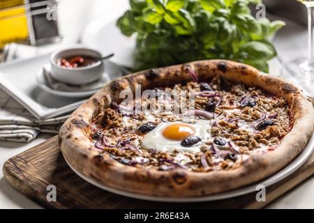 Pizza with tuna fish, olives, onions and egg on top. Stock Photo
