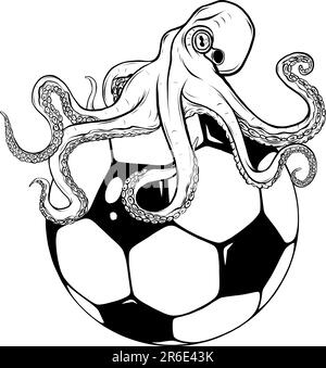 vector illustration of monochrome octopus on football ball Stock Vector