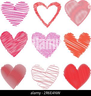 Various different styles of scribbled hearts on white background Stock Vector