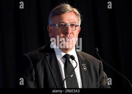 NZRU President Bryan Williams speaks during the All Blacks 2011 Rugby World Cup Squad presentation, Ponsonby Rugby Club, Auckland, New Zealand, Monday, August 29, 2011. Stock Photo