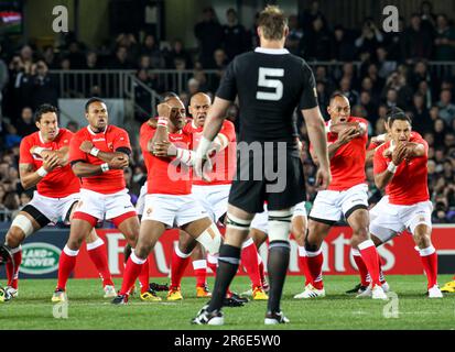 Tonga perform a Haka before playing New Zealand in the opening match of the Rugby World Cup 2011, Eden Park, Auckland, New Zealand, Friday, September 09, 2011. Stock Photo