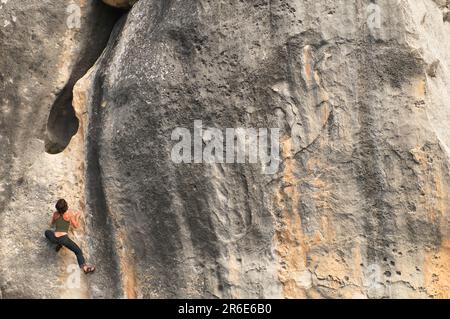 A young woman rock climbs on a streaked wall of limestone, Castle Hill, New Zealand. Stock Photo