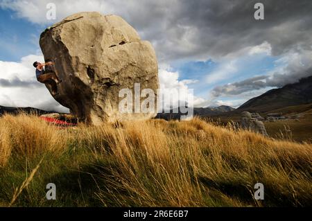 Young man climbing a boulder surrounded by tall grass and mountains in the Castle Hill Basin, New Zealand. Stock Photo