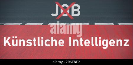 Road with the word job crossed, artificial intelligence, german language, technology in competition with human resource, manpower against cyborg machi Stock Photo