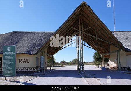 Tsau Entrance Gate, Central Kalahari Game Reserve CKGR. Botswana, Botsuana Stock Photo