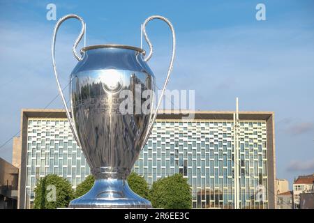 Huge Champions League final cup at Taksim Square Beyoglu Istanbul. Manchester City Inter final match cup at Istanbul 2023. Stock Photo