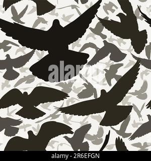 Vector seamless tile of a flock of flying pigeons Stock Vector