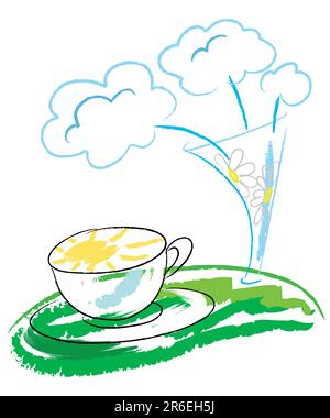 Flowers and sun in cup. Still-life. Simulated of watercolor. Vector illustration. Stock Vector