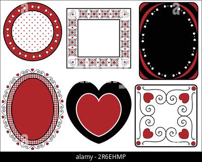 Six red, black and white vector Valentine borders, frames or tags with gingham trim. Stock Vector