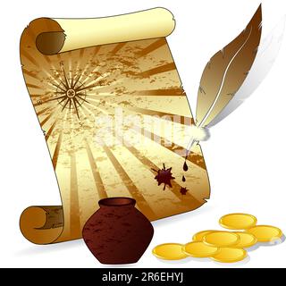 Vector illustration of an old scroll paper with a feather pen, wind-rose, inkwell, money Stock Vector