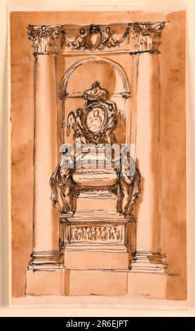 Intended for an intercolumniation between two embedded columns, and in a niche. Between the capitals is a frieze with an escutcheon supported by two flying putti, in front of drapery festoons. Below is a stereobate. The monument has below a pedestal with a high base, and a panel with a relief of figures. Above it stand two female allegories, leaning against the sarcophagus, which has the general shape of an urn upon a high base. Upon the cover kneel, at left a winged putti, in the center a putto and support the oval medallion with a bust portrait, sided by another putto, flying at right. Both Stock Photo