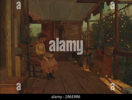 Horizontal view of a porch with a girl, facing right and looking down at bowl held in her lap, seated at left middle ground; at right middle ground outside edge of porch filled with boxes, dog house, bench covered with plants etc. is visible. A door behind her in far wall gives a view of the distant sky in background. Date: ca. 1873. Brush and oil paint on canvas. Museum: Cooper Hewitt, Smithsonian Design Museum. Stock Photo