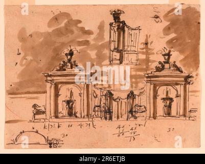 The gateway is framed by two niches with fountains. These are flanked by pedestals with crouching lions shown in profile. The inner ones are in front of railings. The two wings are flanked by figures standing upon pedestals. Measurements are indicated. Above is a sketch of a left wing with a gaine with the bust of a bearded man carrying a flower basket upon the head, upon the pedestal. Below at left is a palm for a niche. Verso: sketches of plans in ink. Date: ca. 1790. Pen and brown ink, brush and brown wash, red pencil on beige laid paper. Museum: Cooper Hewitt, Smithsonian Design Museum. Stock Photo