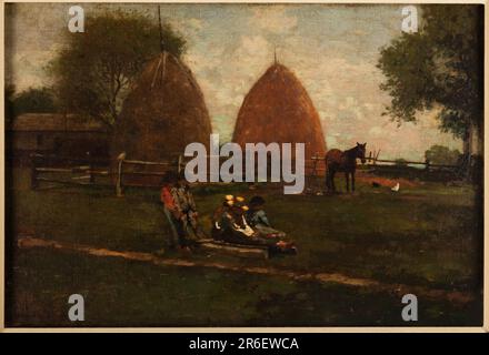 Horizontal view of two boys holding chains of a drag on which three boys are seated at center foreground. In background, barn, trees, fencing, two haystacks, two horses and chickens. Date: 1874. Brush and oil paint on canvas. Museum: Cooper Hewitt, Smithsonian Design Museum. Stock Photo