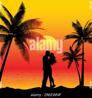 Silhouette of a couple kissing on a beach at sunset Stock Vector