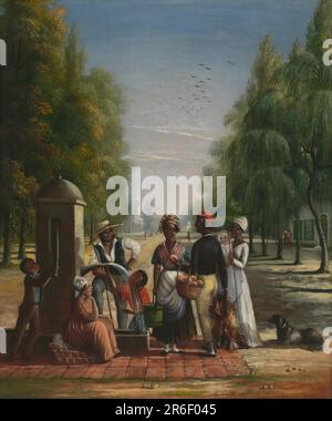 This oil painting depicts seven individuals gathered around a water pump. From left to right these figures include: a young boy working the pump handle wearing brown pants and jacket with a blue shirt, a woman seated on a basket of laundry, wearing a pink dress and white head wrap, a man with his right leg propped up on the edge of the basin in a wide brimmed straw hat, a kneeling youth in a red shirt drinking from the pump's spout, a woman carrying a bucket, a man carrying a basket of peaches over his left arm and several dead fowl in his right hand, and a woman holding a baby and a green par Stock Photo