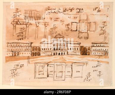 Center: most of the elevation is shown. Three houses are connected by two colonnades as shown in -1105. The elevation of the central one is similar to that of -1105 but it shows a dome. The lateral houses have three stories each; alternative suggestions are shown for their decorations. Below is the plan and accounts. Above are probably a sketch of the entablature and the roof of the left building, a plan, accounts, and an inscription. Date: 1792. Pen and brown ink, brush and brown wash on lined off-white laid paper. Museum: Cooper Hewitt, Smithsonian Design Museum. Stock Photo