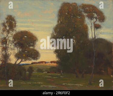 This landscape painting depicts a country vista with small houses on the horizon. The foreground shows an open meadow with grass and a few tall, scattered trees that become two thick groves, one on the right and a smaller one on the left. A break in the trees reveals a hill on the horizon with red-roofed houses scattered across it. Light is slanting across the hilltop, and the sky is blue with wisps of white clouds. Date: 1905. oil paint on canvas , wood. Museum: National Museum of African American History and Culture. Stock Photo