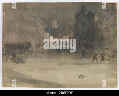 A nocturnal view of Amsterdam in winter with figures skating in the center and foreground, and a building and trees indicated in distance; signed with the butterfly at lower right. Date: 1882. Watercolor on paper. Origin: United States. Museum: Freer Gallery of Art and Arthur M. Sackler Gallery. Stock Photo