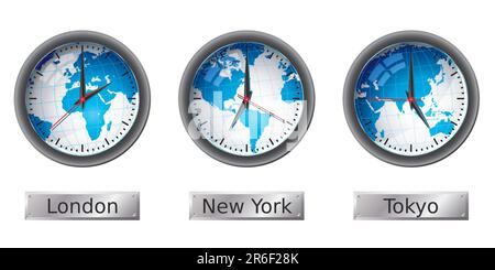 World map time zone clocks.  Please check my portfolio for more map illustrations. Stock Vector