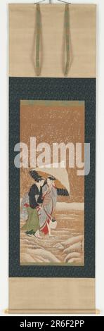 Two girls under umbrella in snowstorm. Origin: Japan. Period: Edo period. Color on paper. Date: early to late 19th century. Museum: Freer Gallery of Art and Arthur M. Sackler Gallery. Stock Photo