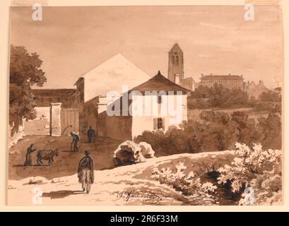 A winding road is shown in the first plane with a man walking on it. The doorway and buildings of a great farm are at left, a group of buildings upon a hill, which includes a church and an institution are in the right background. Date: 1865-1877. Graphite, brush and brown wash on paper. Museum: Cooper Hewitt, Smithsonian Design Museum. Stock Photo