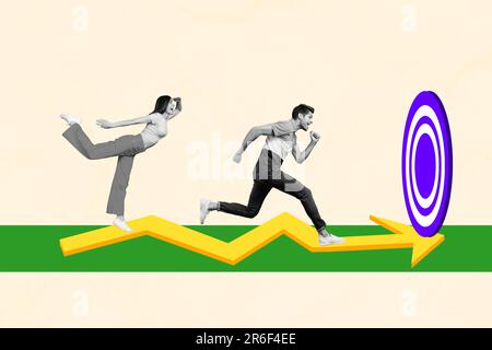 Collage picture of two enthusiastic business competitors coworkers need achieve more salary bonus target isolated on beige color background Stock Photo