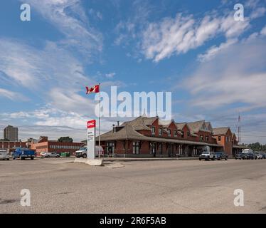 Medicine Hat, Alberta, Canada – June 06, 2023:  Exterior of the CPKC (Canadian Pacific Kansas City) Railway office located in the historic downtown ra Stock Photo