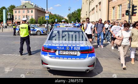 Warsaw, Poland. 4 June 2023. Polish police car on the street. View of a police car with the lettering 'Policja'. Police patrol car parked on the stree Stock Photo