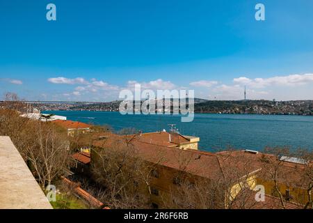 Istanbul view from Besiktas in panoramic shot. Asian side of Istanbul with Bosphorus Bridge and Camlica Hills. Stock Photo