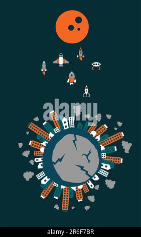 Escape from fallen Earth to new life on Moon Stock Vector