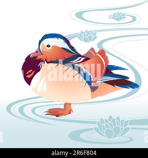 traditional Chinese bird mandarin duck on the abstract floral background with stylized stroke water waves and lotus flowers Stock Vector