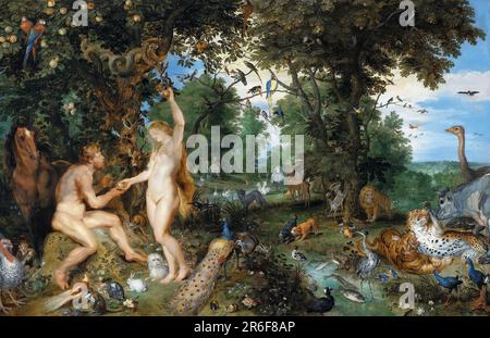 Jan Brueghel the Elder, Peter Paul Rubens - The Garden of Eden with the Fall of Man c.1615 The painting depicts the moment just before the consumption Stock Photo
