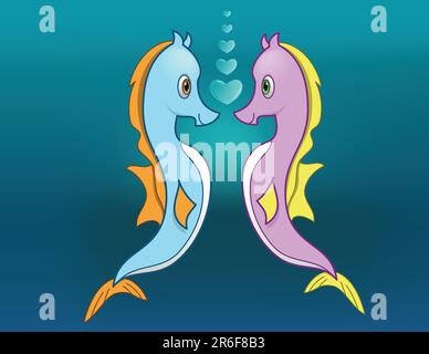 This is  a vector cartoon of two seahorses in love underwater Stock Vector