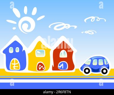 Three cartoon houses and the car on a  blue background. Stock Vector
