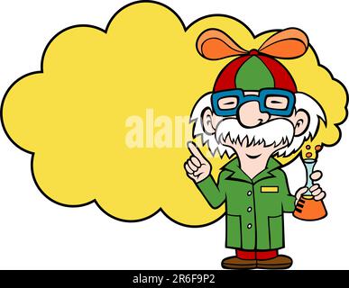 Cartoon of a scientist holding a flask and wearing a beanie with a propeller. Stock Vector