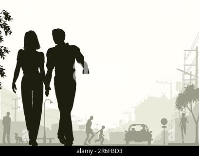 Editable vector silhouette of a couple walking down a street with all silhouette elements as separate objects. Stock Vector