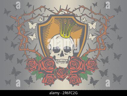 Skull with crown and red roses on the gloomy background Stock Vector