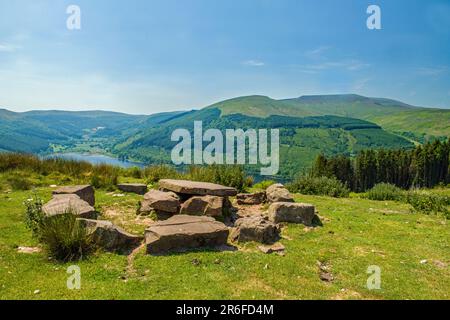 A stunning view both across to the hill of Waun Rydd and down to the upper part of the Talybont Reservoir in the Bannau Brycheiniog (Brecon Beacons) Stock Photo