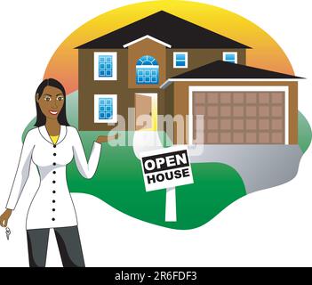 Vector Illustration. A real estate agent with keys advertising an open house viewing. Version 3 of 6. Stock Vector
