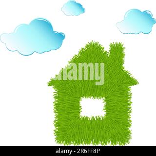 House from grass and water clouds isolated on white Stock Vector